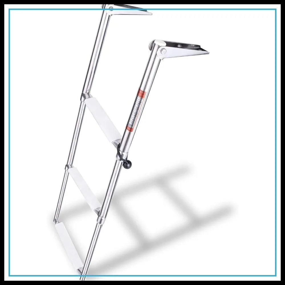 

3 Step Stainless Steel Telescopic Folding Boat Ladder with Anti-Slip Plastic Footboard, Over Platform Mount
