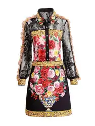 Sicilian Rose Autumn Dress Suit Women's Two Piece Suit Lace Ruffle Long Sleeve Shirts + Floral Short Skirt 2pcs Sets Outfit