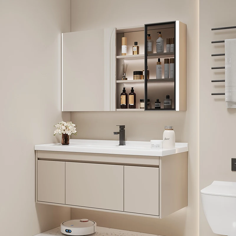 

Cream wind ceramic integrated basin intelligent solid wood bathroom cabinet combination bathroom washbasin washbasin washtable