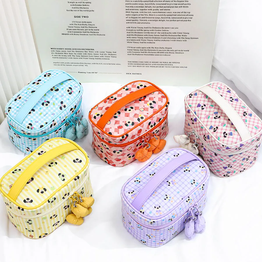 Cotton Bow Makeup Bag for Women Nylon Quilted Travel Cosmetic Bag with Zipper Sweet Aesthetic Toiletry Bag Skincare Storage Bags