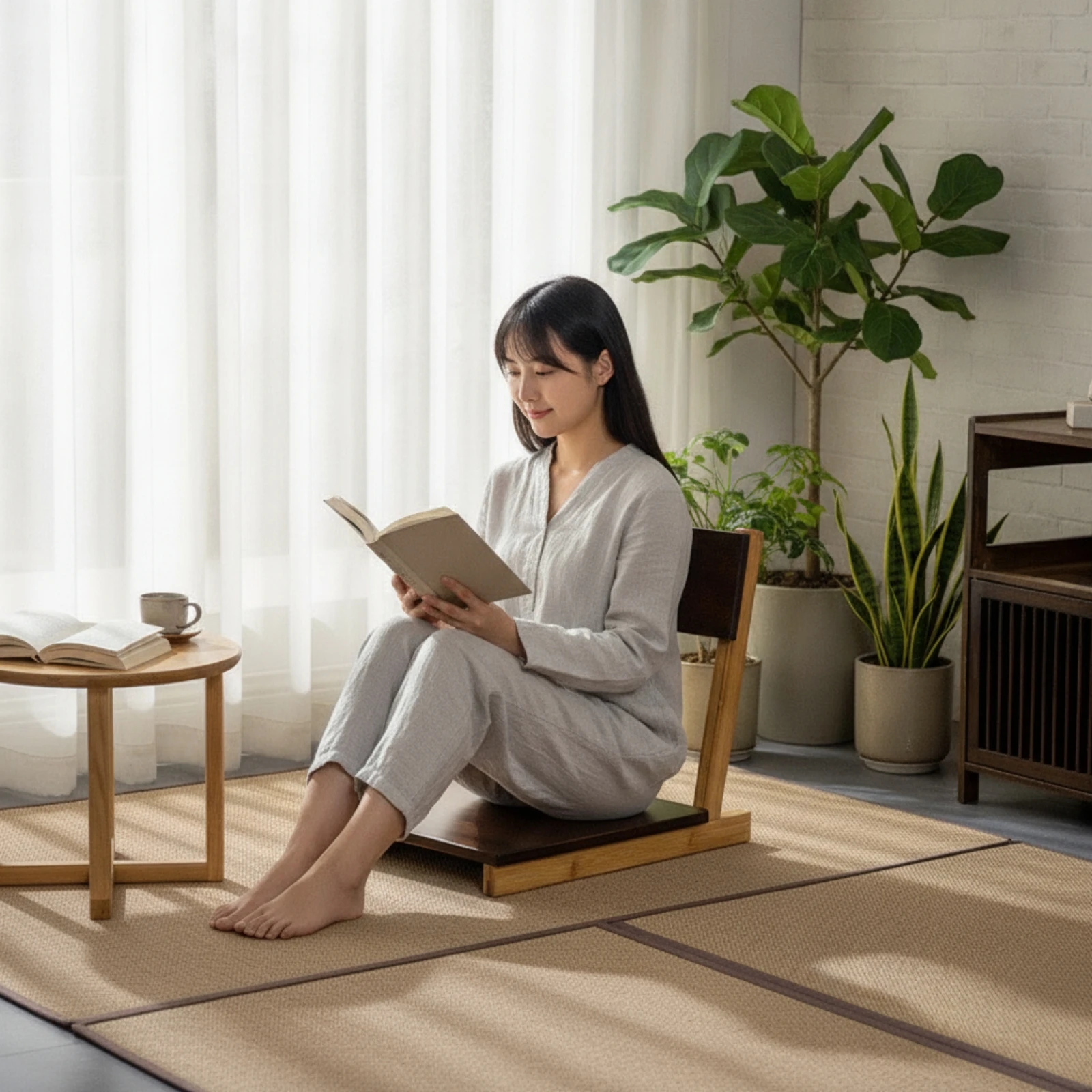 Folding Tatami Chair Sturdy Bamboo Floor Chair Seat Portable Low-Height for Reading Corner, Tea Time