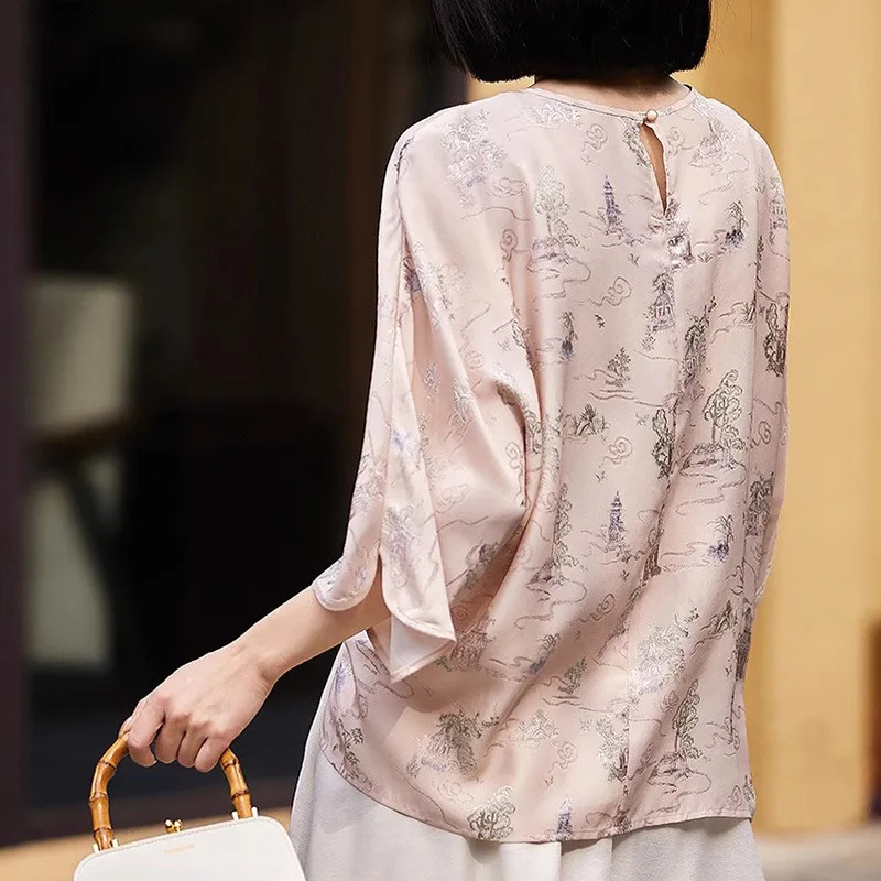 デザインセンス新しい中国シルクチャイナドレス小さなシャツハイエンド国民スタイル Tシャツ半袖ピンクブラウス女性の夏