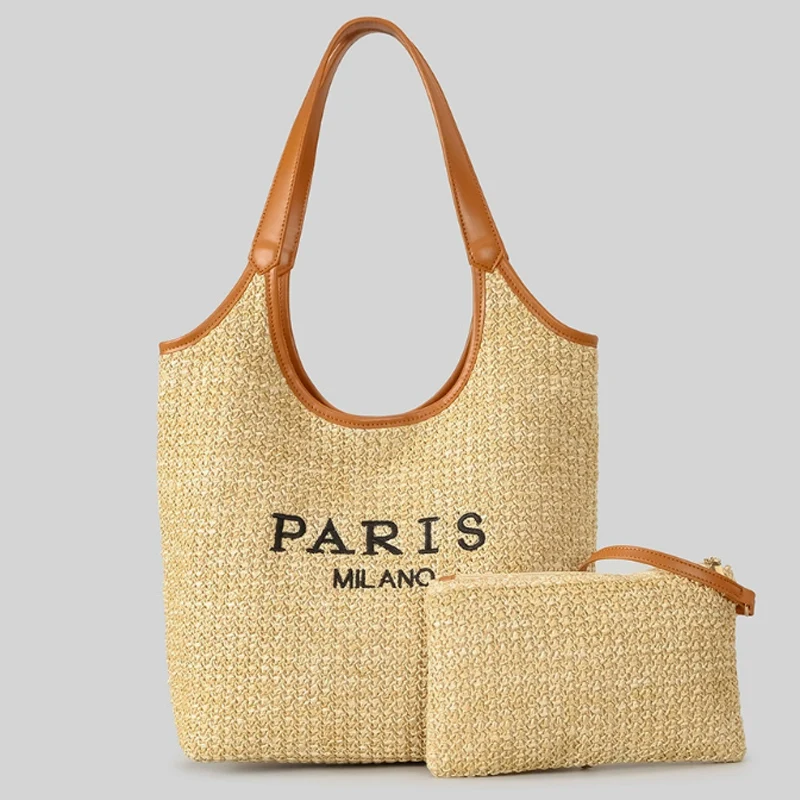 

Large capacity woven women's bag fashion PU splicing letter printed shoulder bag summer beach bag travel bag