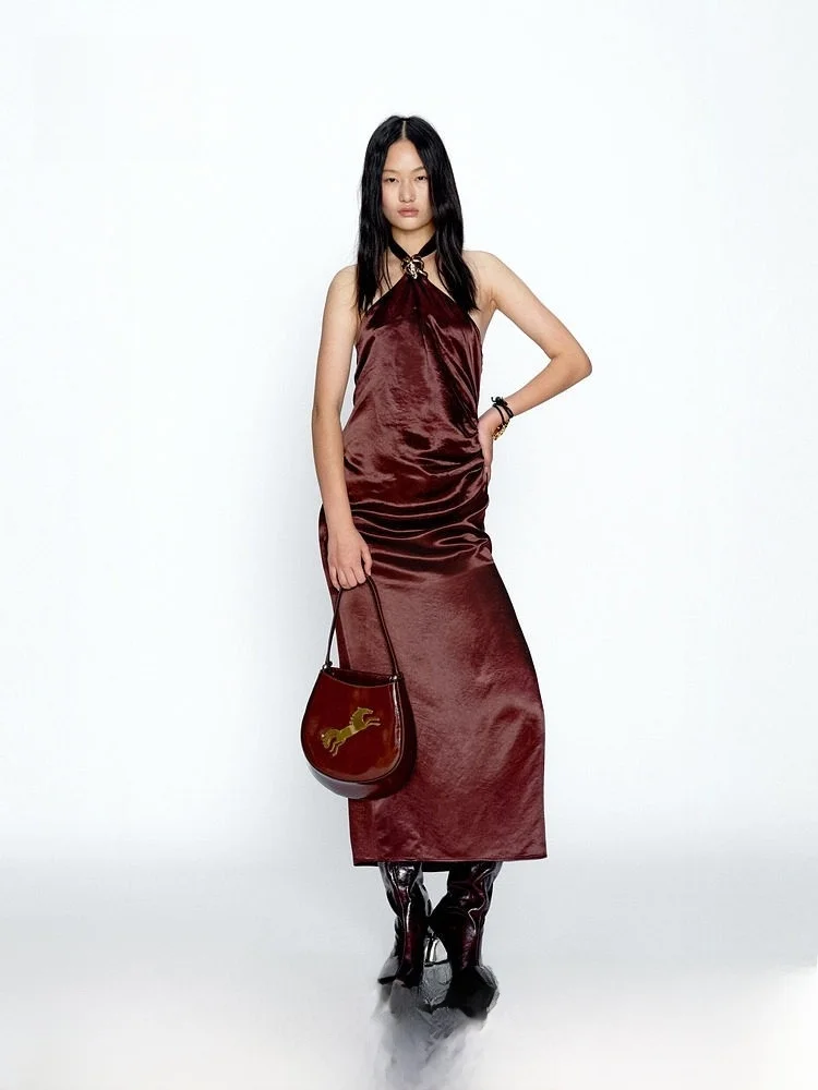 

Elegant Satin Dress Summer New Style JACQUES WEI HM Women's Dress Gown Hanging Neck Dress for Ladies Thin Material No Sleeve