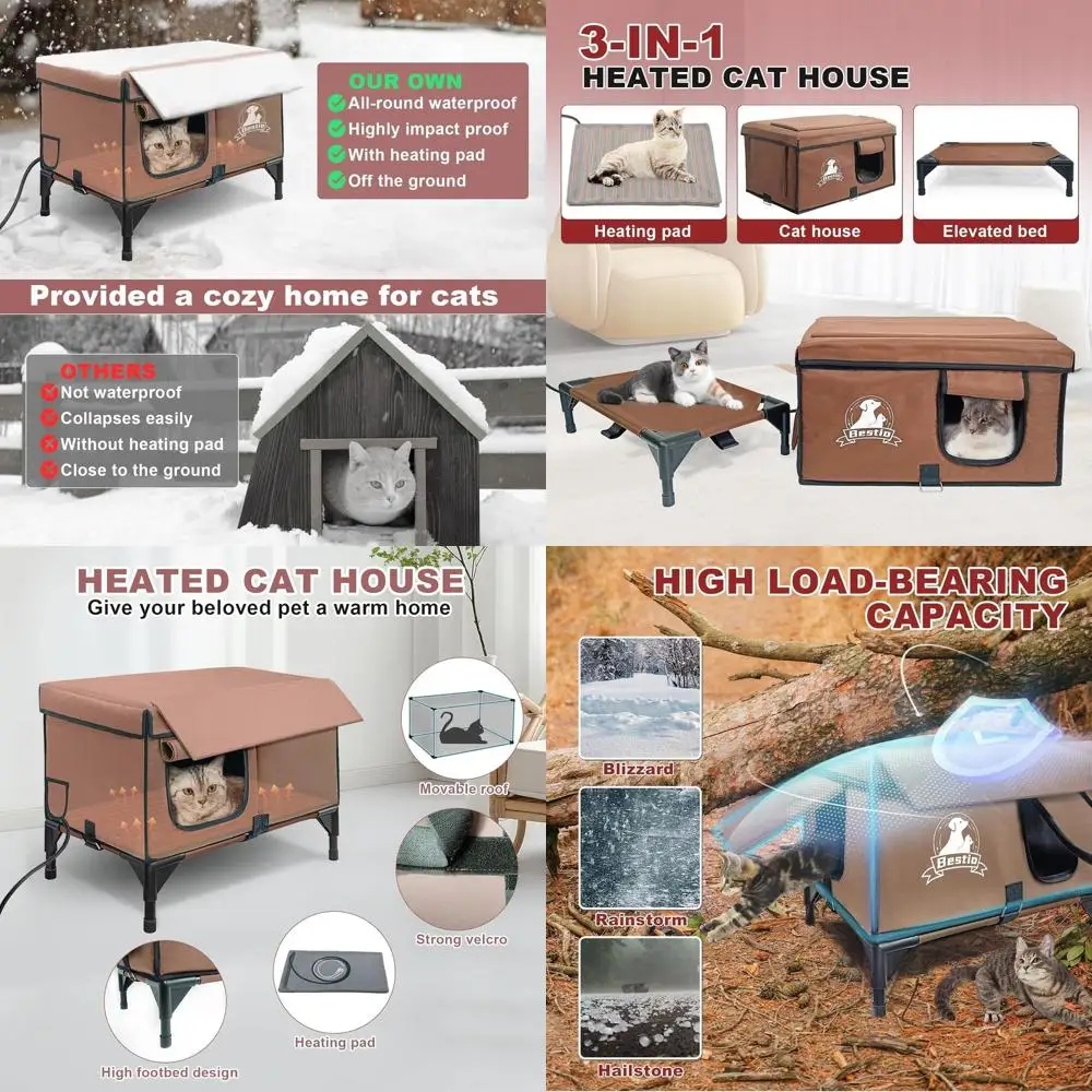 

Weatherproof Insulated Outdoor Cat House with Built-in Heating Pad, Escape Door, and Claw-Friendly Design - Brown, Large