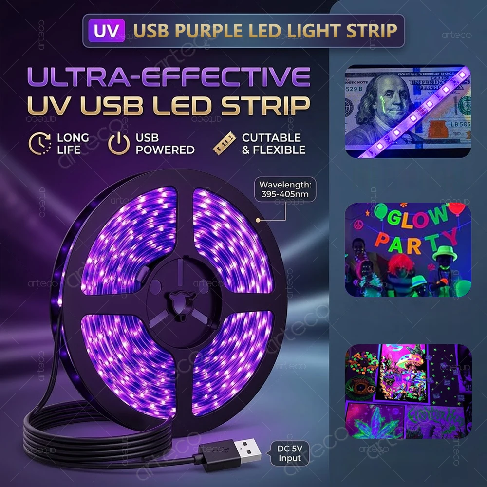 UV LED Light Strip Flexible LED Strip Light Ultraviolet UV Lamp 395-405nm Purple Light 2835 SMD DC5V LED Ribbon Room Party Decor