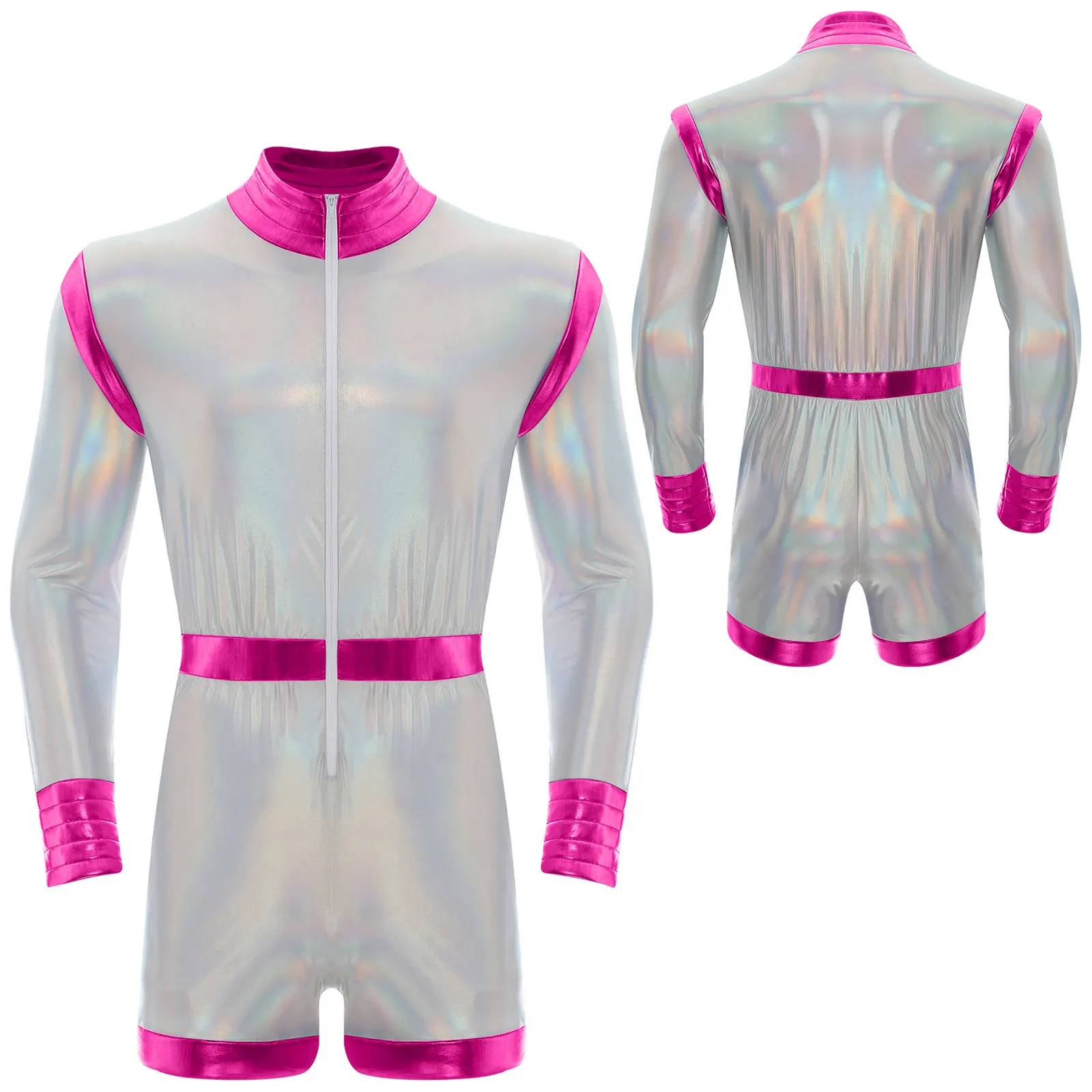 

Men Fashion Holographic Alien Cosplay Carnival Costume Jumpsuits Long Sleeve Shiny Astronaut Role Play Halloween Party Outfits