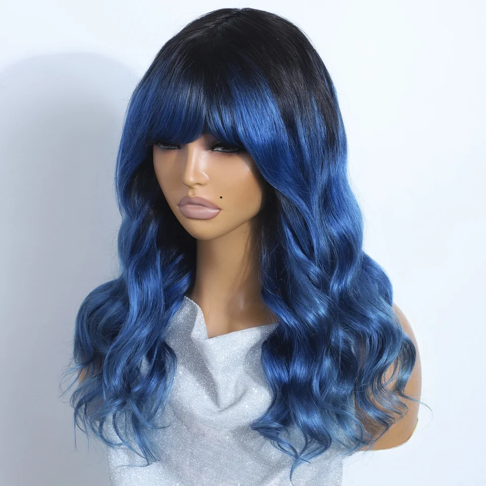 

Rebecca Queen Blue Color Body Wave Human Hair Wig With Bangs Non Lace Wear to Go Wig Brown Colored Cheap Hair Wigs With Bangs