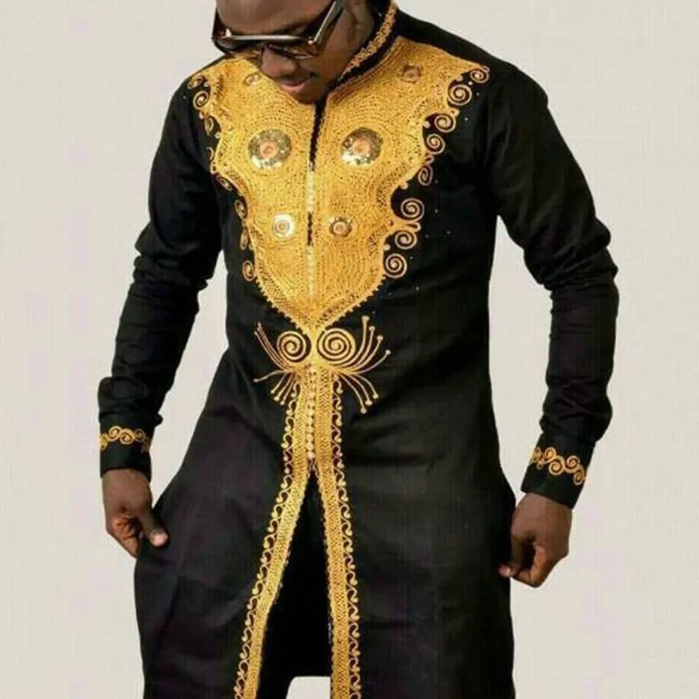 Abaya para hombre, camisa informal musulmana con estampado dorado, abertura hacia abajo, longitud media, estilo africano, talla grande, 2024