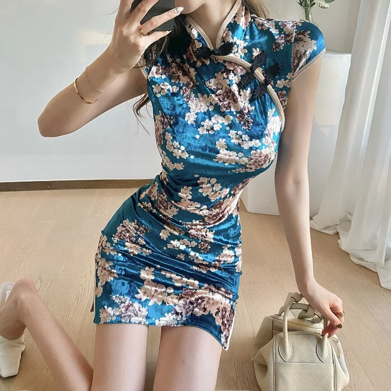 Vintage Women's Floral Cheongsam Dresses Sexy Slim Women Velour Dresses Woman Chinese Cheongsam  Bodycon Dress