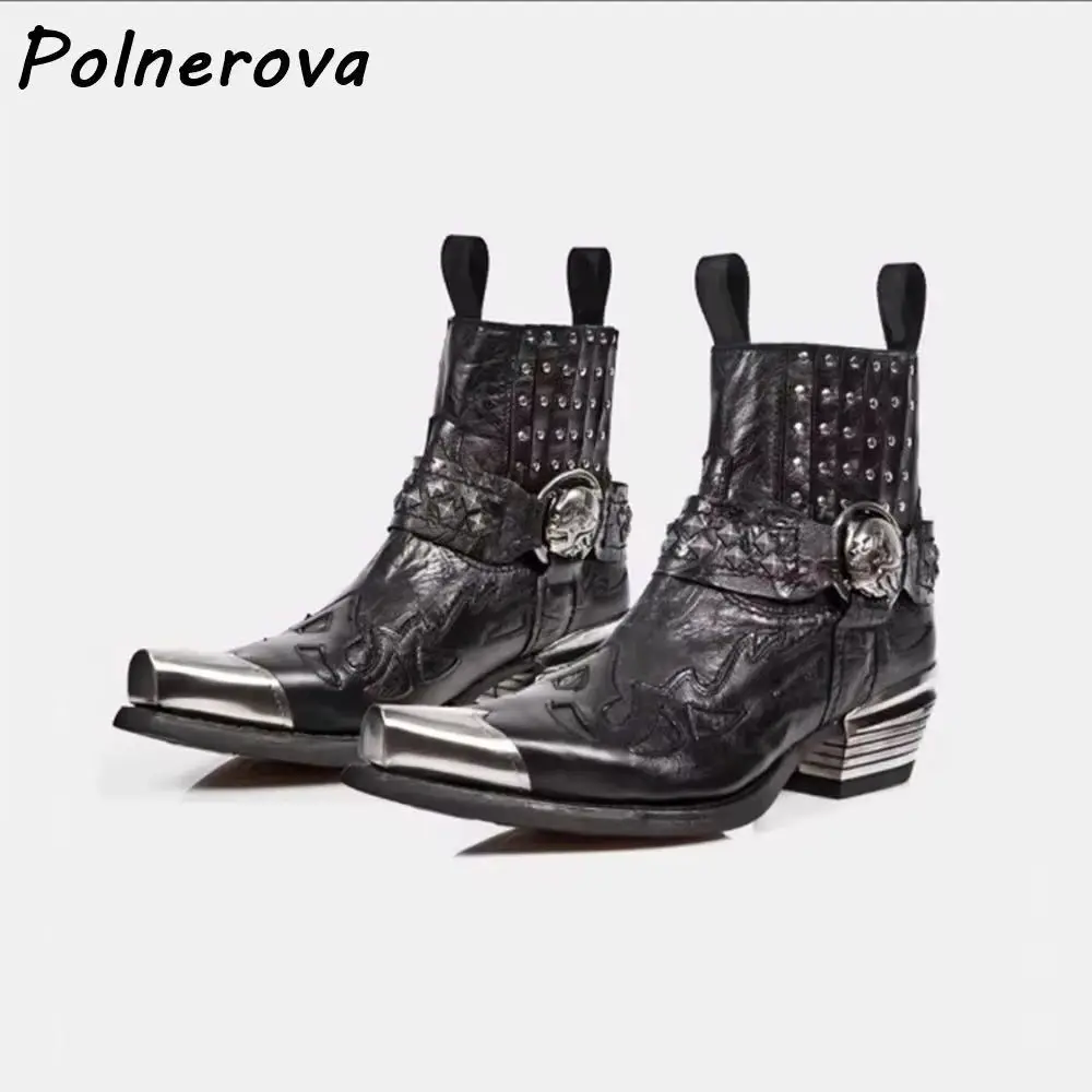 

Rivet Metal Buckle Ankle Boots Square Toe Chunky Heels Cowboy Sewing Boots Dark Punk Cool Style All Match Winter Warm Shoes