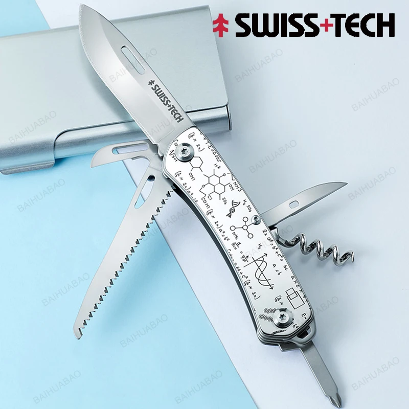 2024 New SWISS TECH Mini Folding Multitool Knife 9 In 1 EDC Outdoor Portable Pocket Multi Tools Saw Bottle Wine Opener