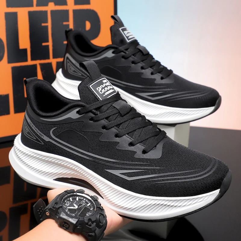 Heren herfst nieuwe collectie zwarte leren schoenen - ademende stijlvolle sneakers met dikke zool, casual en sportief, veelzijdig en lichtgewicht