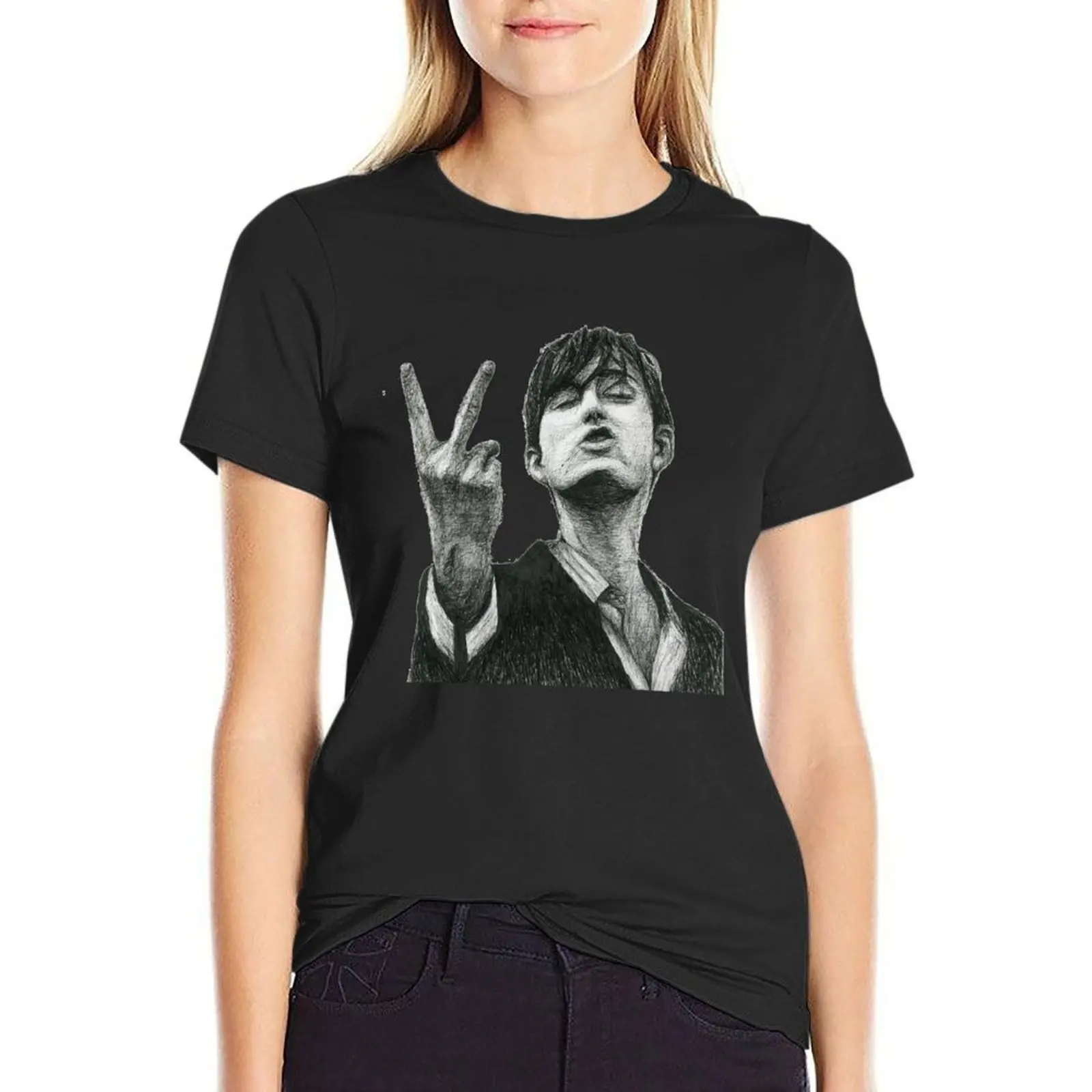 Jarvis Cocker Outline V Sign Sketch with Clear Background Iconic Jarvis Moment T-Shirt Female clothing Woman T-shirts