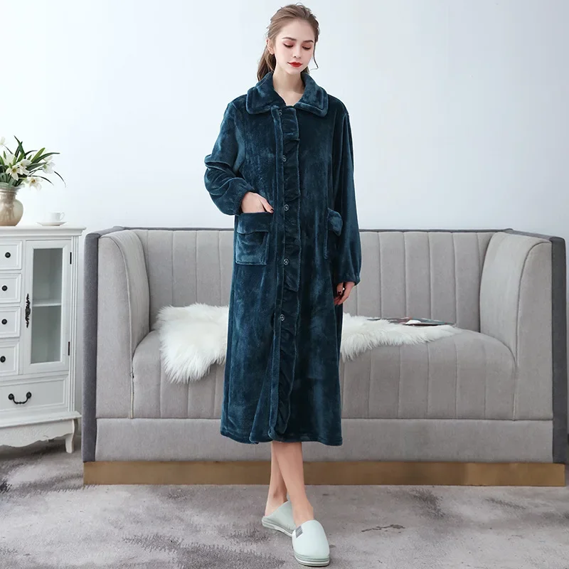 

Autumn Winter Long Flannel Bathrobe Home Wear Clothes Dressing Gown Women's Coral Fleece Soft Nightdress Warm Bath Robes