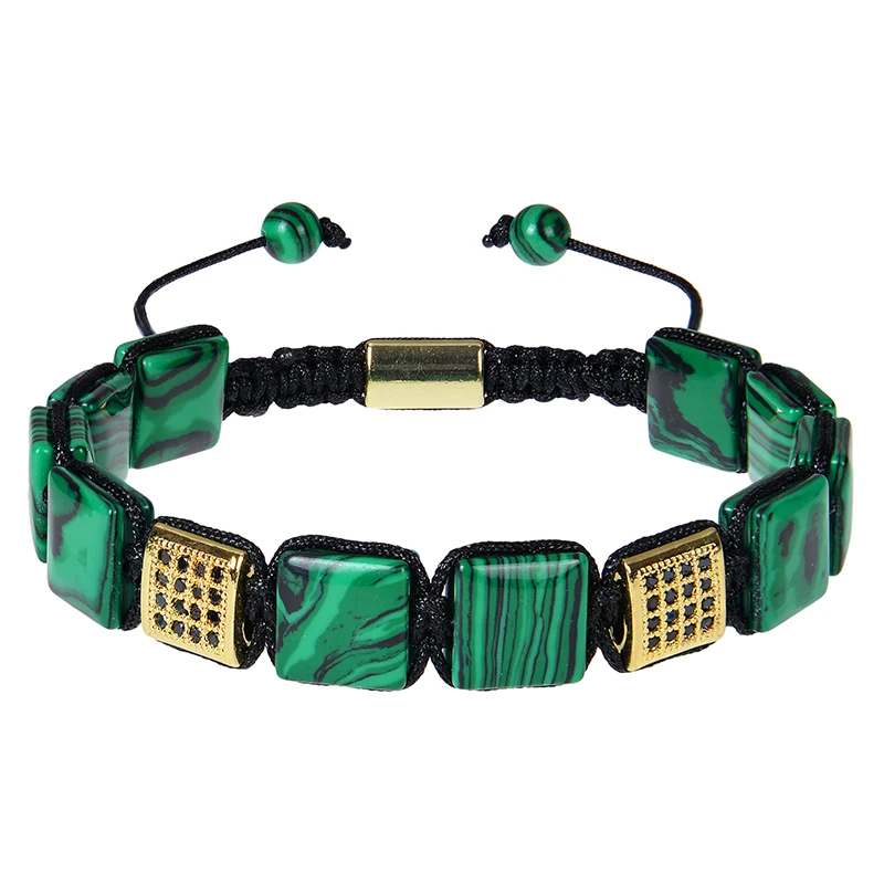 

Men's Flat Bead Bracelet 10MM Square Beads Malachite Braided Bracelet Bohemia Punk Square Zircon Bracelet Adjustable for Mens