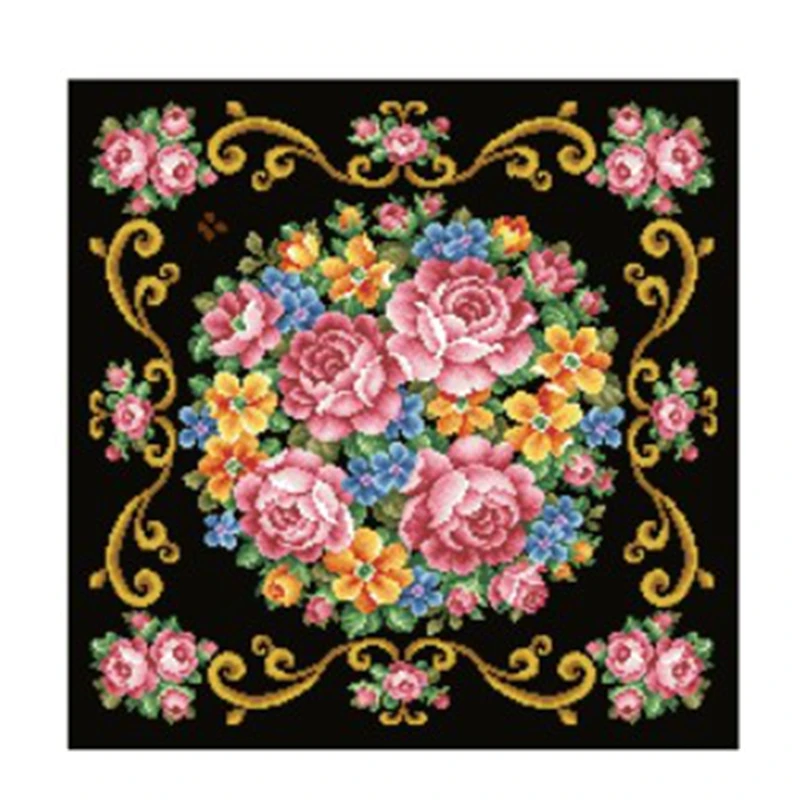 

Cross-stitch set, pink rose bouquet, black cloth base, 28ct, 18ct, 14ct, 11ct embroidery cloth, i person, hand embroidery materi