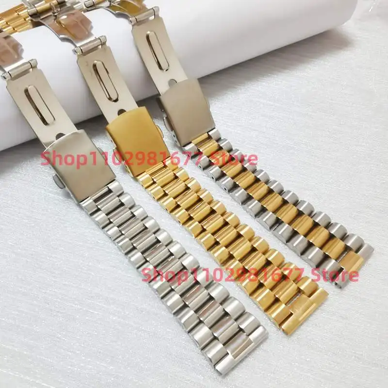 18mm 20mm 22mm Universal Straight End Solid  Stainless  Steel Silver Gold President  3 Beads Watch Band Strap Bracelet