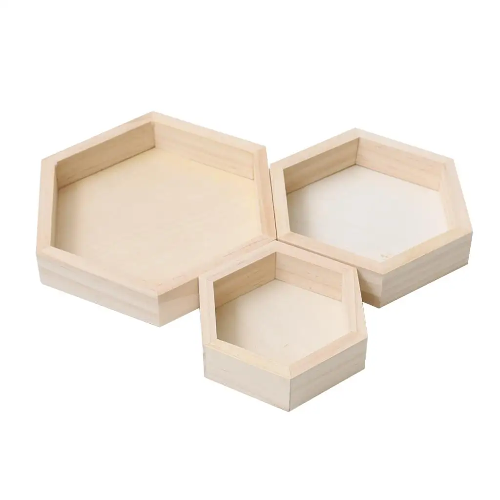 3 Pieces Natural Wood Unfinished Hexagonal Shaped Jewelry Storage Display Tray