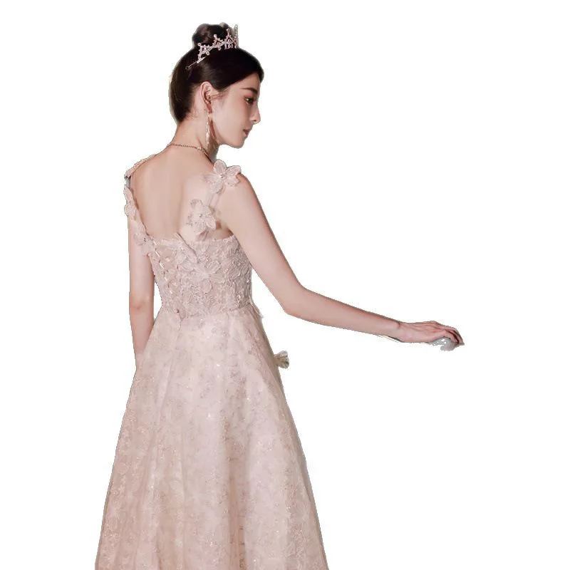 2025, neues lässiges rosa Blumen-Abendkleid, High-End-Verlobung, Hochzeit, Toast-Kleid, elegantes Host-Performance-Abschluss-langes Kleid