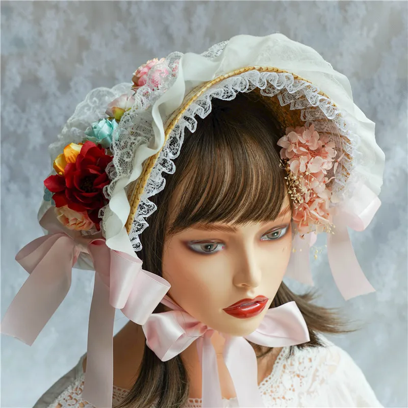 Handmade Weave Women Hat Lace Edge with Flowers Beads Lolita Wedding Party Hat Chapeau ceremonie mariage