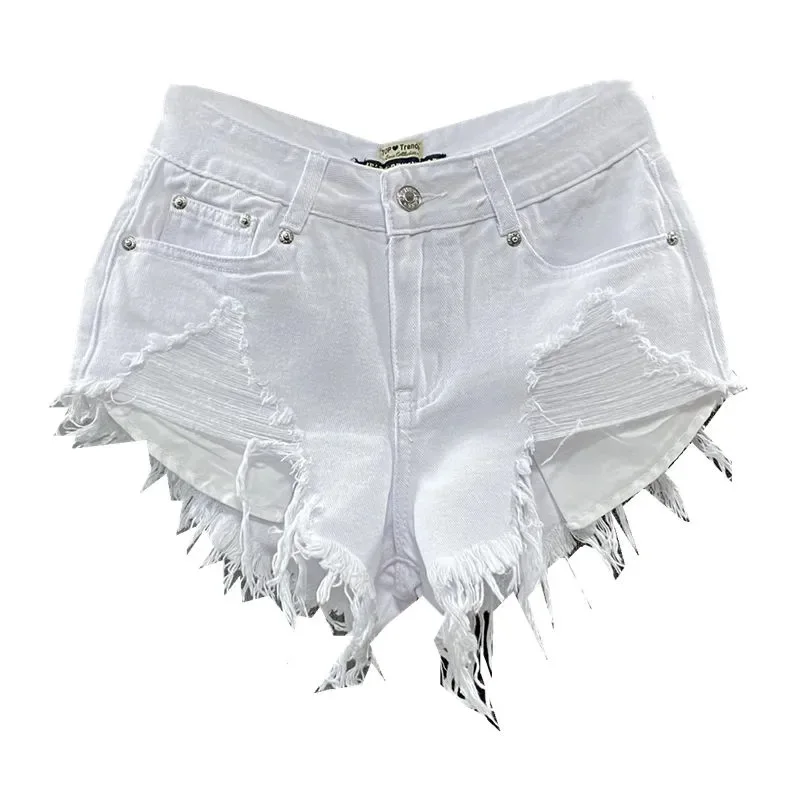 

Sexy Low Waist White Denim Shorts Women's New 2023 Summer Fashion Ripped Tassel Raw Hem Wide Legs Short Jeans s71