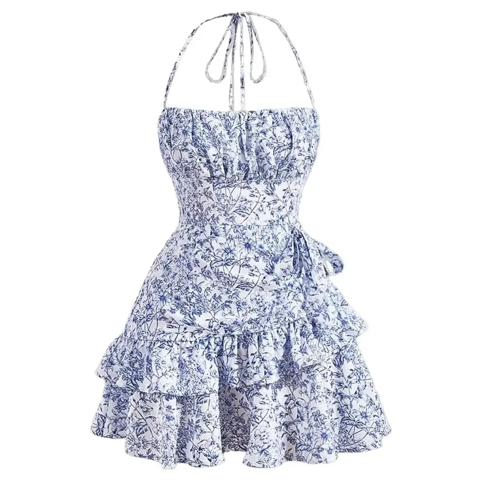 Spring Summer Fitting Slim Dresses Elegant Floral Tierred Halter Neck Strapless Mini Cami Dating Dresses for Women