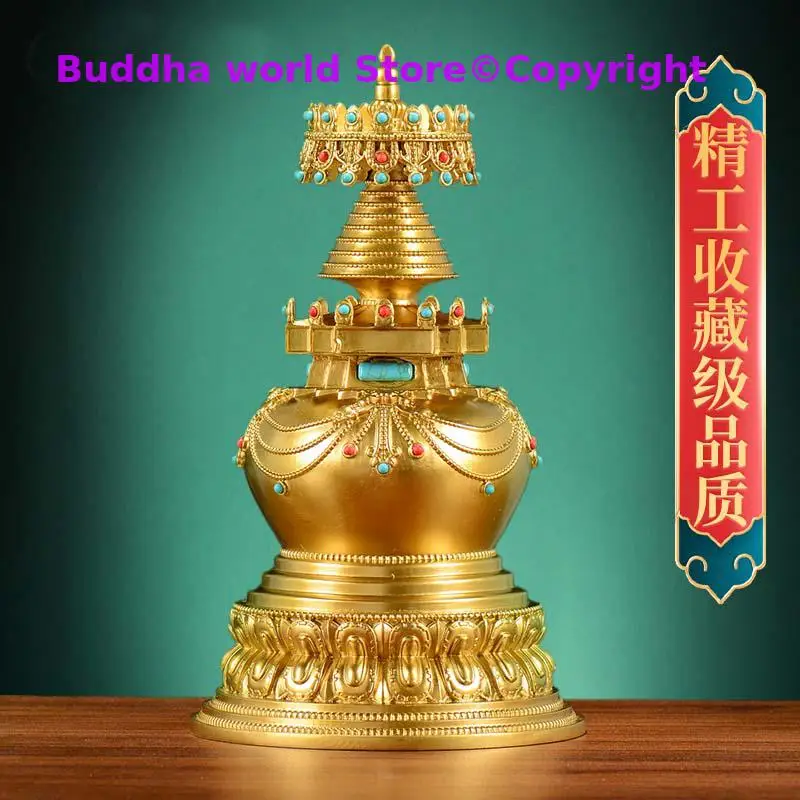 Tibet Buddhism Copper gilding High grade gem Kadam buddha pagoda Buddhist tower GE DANG TA statue Shrine altar Auspicious Mascot