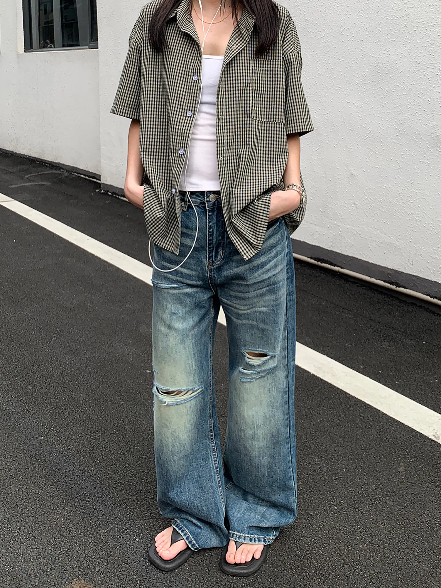 Calça Jeans Unissex Retrô Americana com Lavagem Água e Estampa de Gato, Perna Larga, Casual de Verão, Solta e Modeladora, Est...