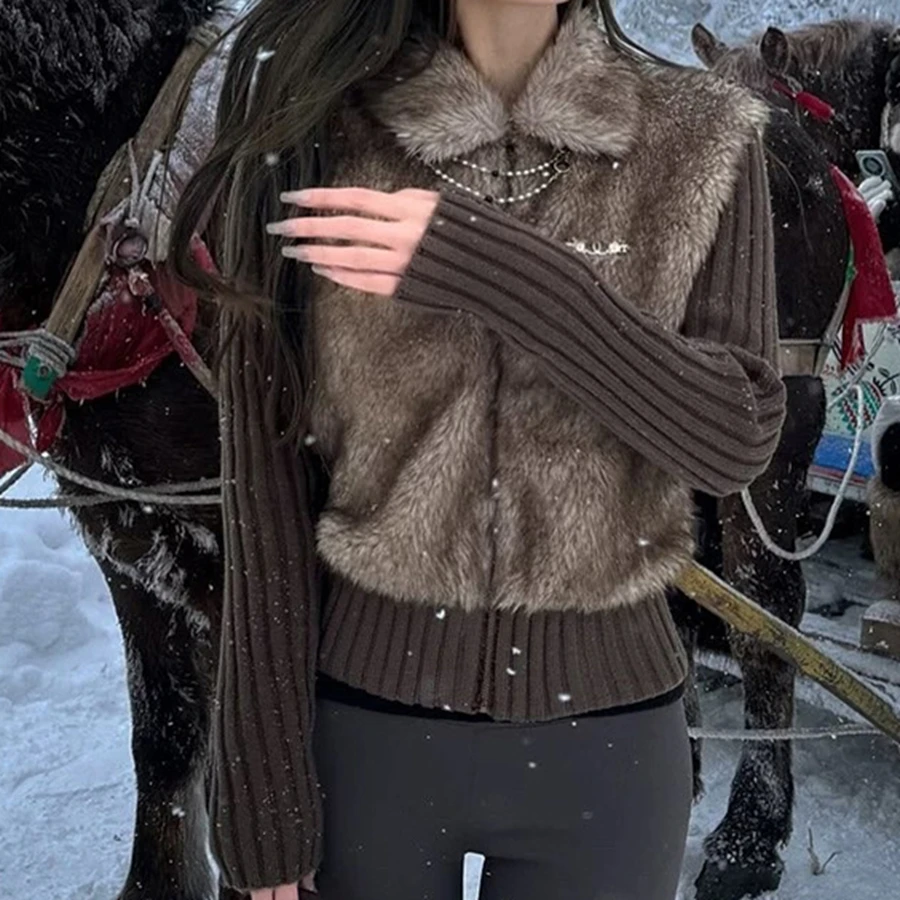 

Light Brown Zip Up Jacket With Faux Fur Front Panel Womens Fall Jacket Comfortable Lightweight Womens Outerwear