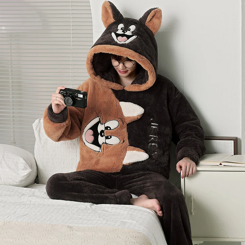 M-3XL Cute Animal Hooded Pajamas For Men\'s Winter Pajama Sets Nightwear Long Sleeve Thicken Warm Flannel Soft Sleepwear 커플잠옷 2PC