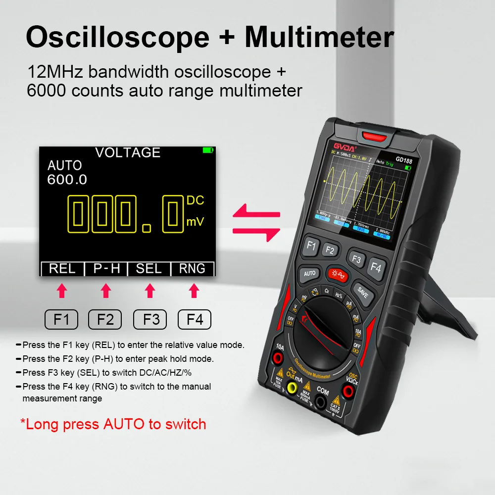 GVDA Digital Oscilloscope 12MHz Analog Bandwidth 6000 Counts Multimeter Rechargeable Multimetro Signal Generator Multi-tester