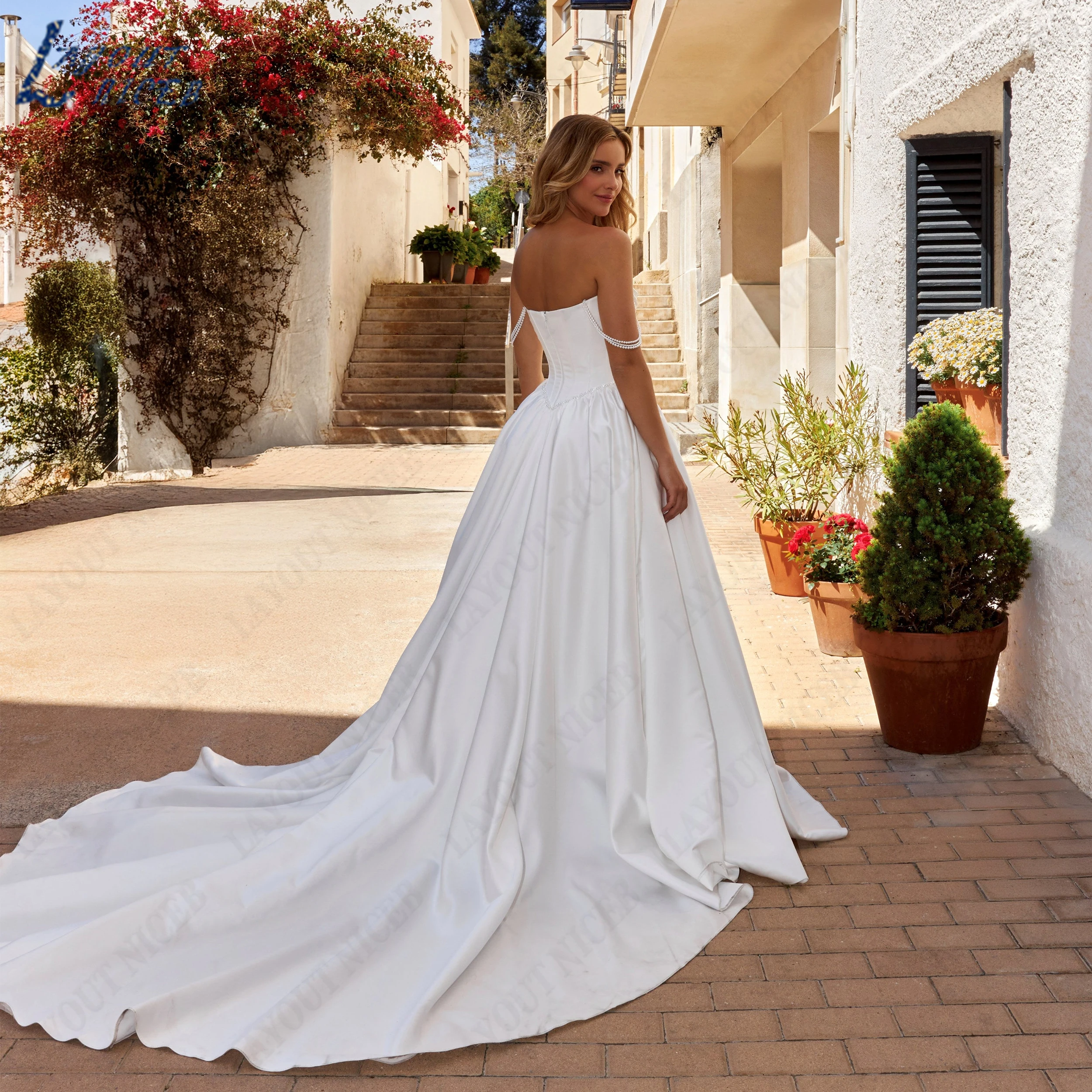 LAYOUT NICEB Customized Satin A Line Bridal Dress Sweetheart Pearl Corset Wedding Gown Beaded Sleeveless Dresses For Bride