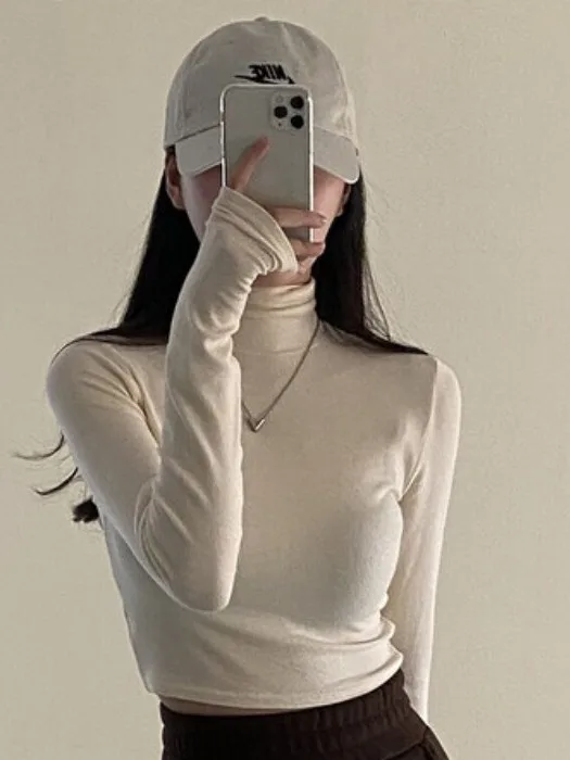 

Slim Fit High Collar Pure Color Base irt Spring Autumn New Sle Women's T-irt Top Simple Design Long Sve Casual Wear