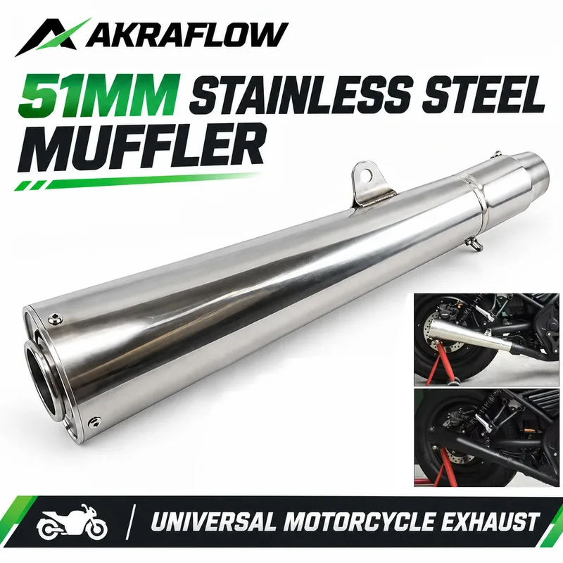 Universal 51mm Stainless Steel Motorcycle Exhaust Muffler Pipe for Ninja400 NK250 Z650 Yamaha R6 X-ADV750 Z900 Moto Scooter