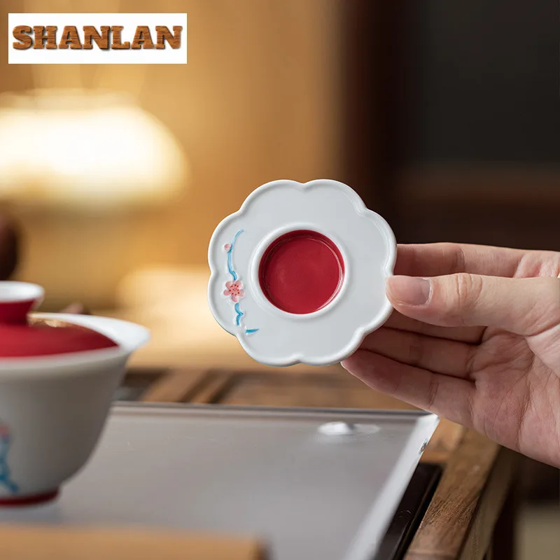 

2pc/lot Hand Painted Plum Blossom Tripodia Coasters Zen Cup Mat For Coffee Cups Saucer Anti-scald Placemats Teacup Base Teaware