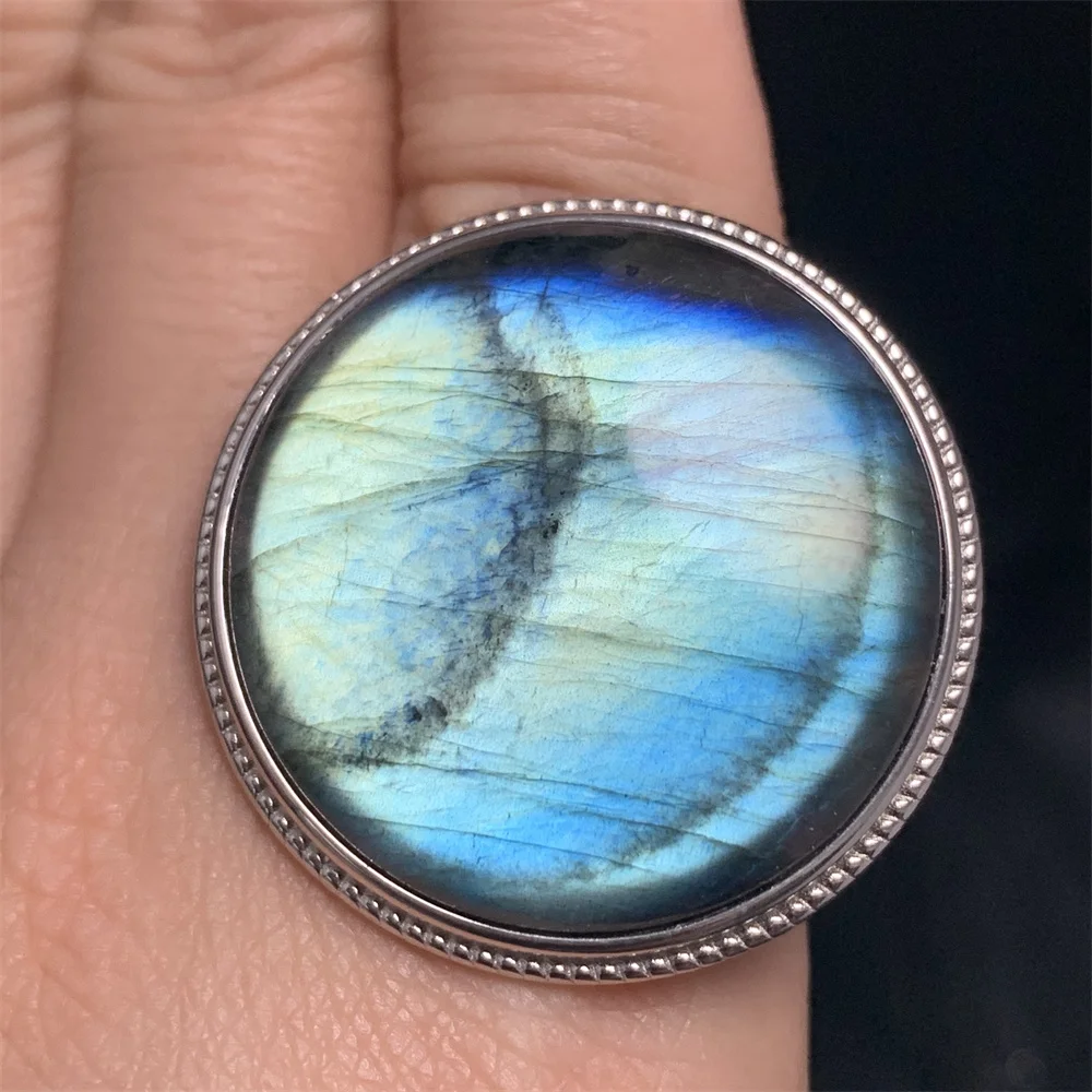 Uglyless 30MM 20g Exaggerated Big Natural Labradorite Rings Women Orange Blue Purple Light Labradorite Buttons 925 Silver Beads