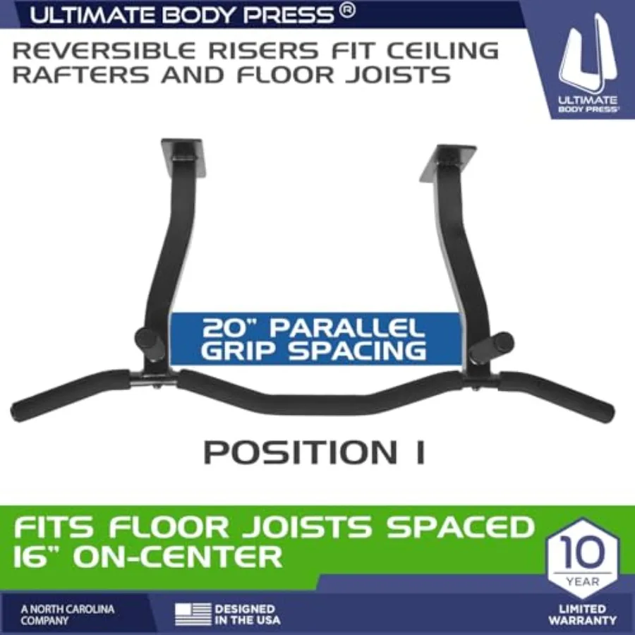 Ceiling Mount Pull Up Bar for Home Gym Use Steel Construction Black Finish Adjustable for 16 and 24 Inch Joists with Ergonomic