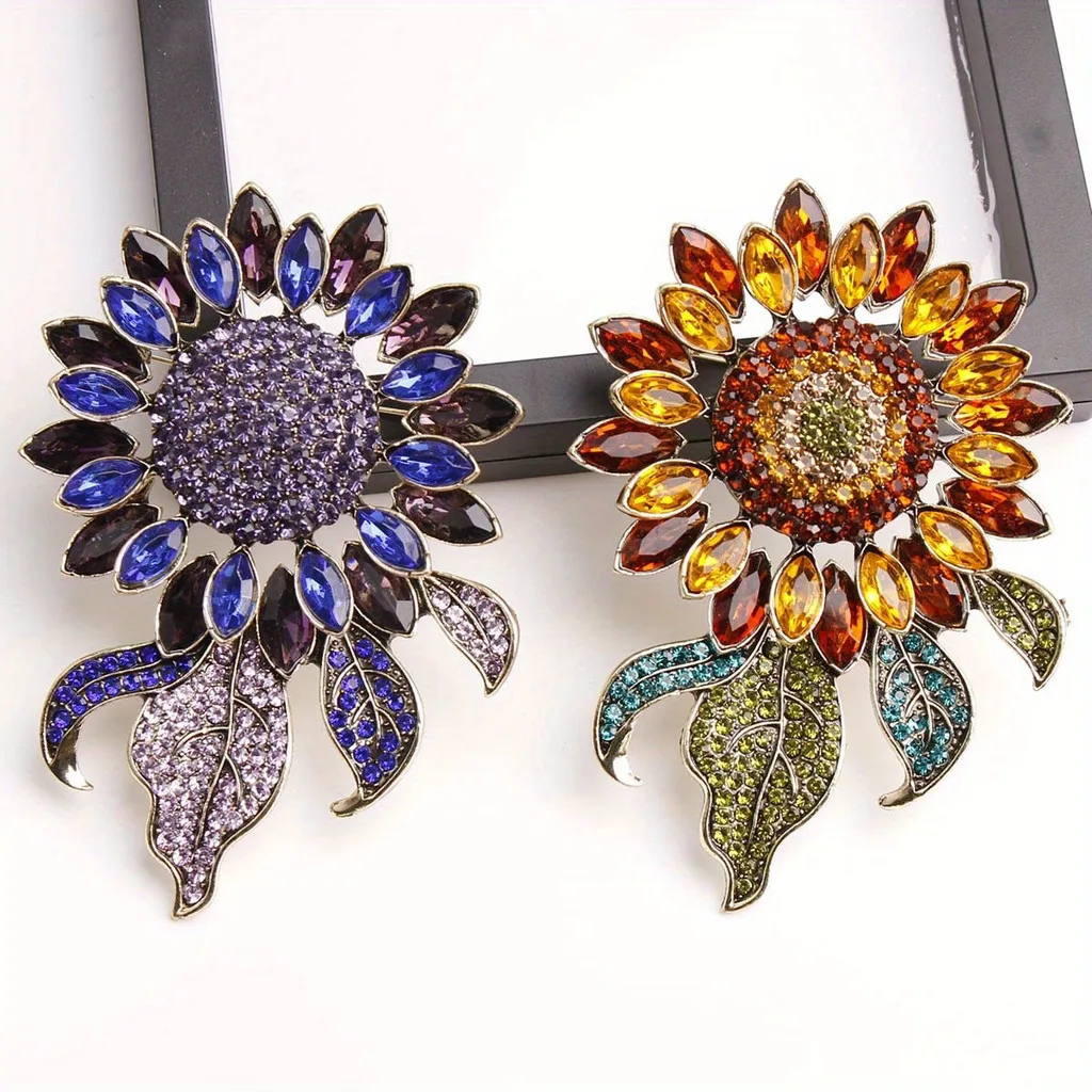 Vintage Strass Girassol Exagerado Broches Emblemas Para Mulheres Homens Retro Design Clássico Acessórios De Cristal Pino