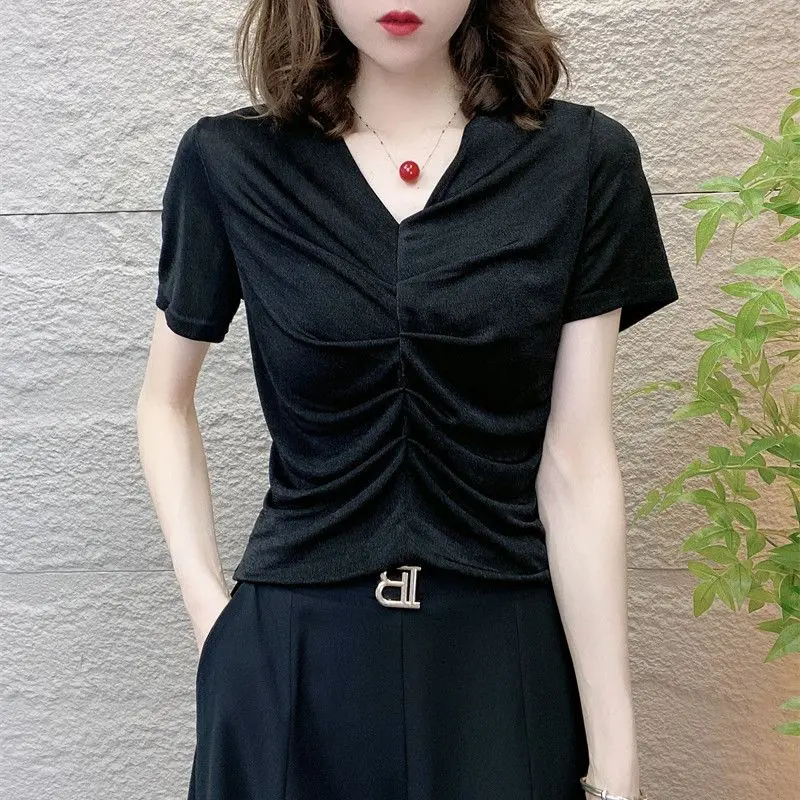 Fashion Net Yarn V Neck T Shirts Summer New Short Sleeve Solid Pleated Slim Temperament Tops Tees Elegant Office Women Clothing