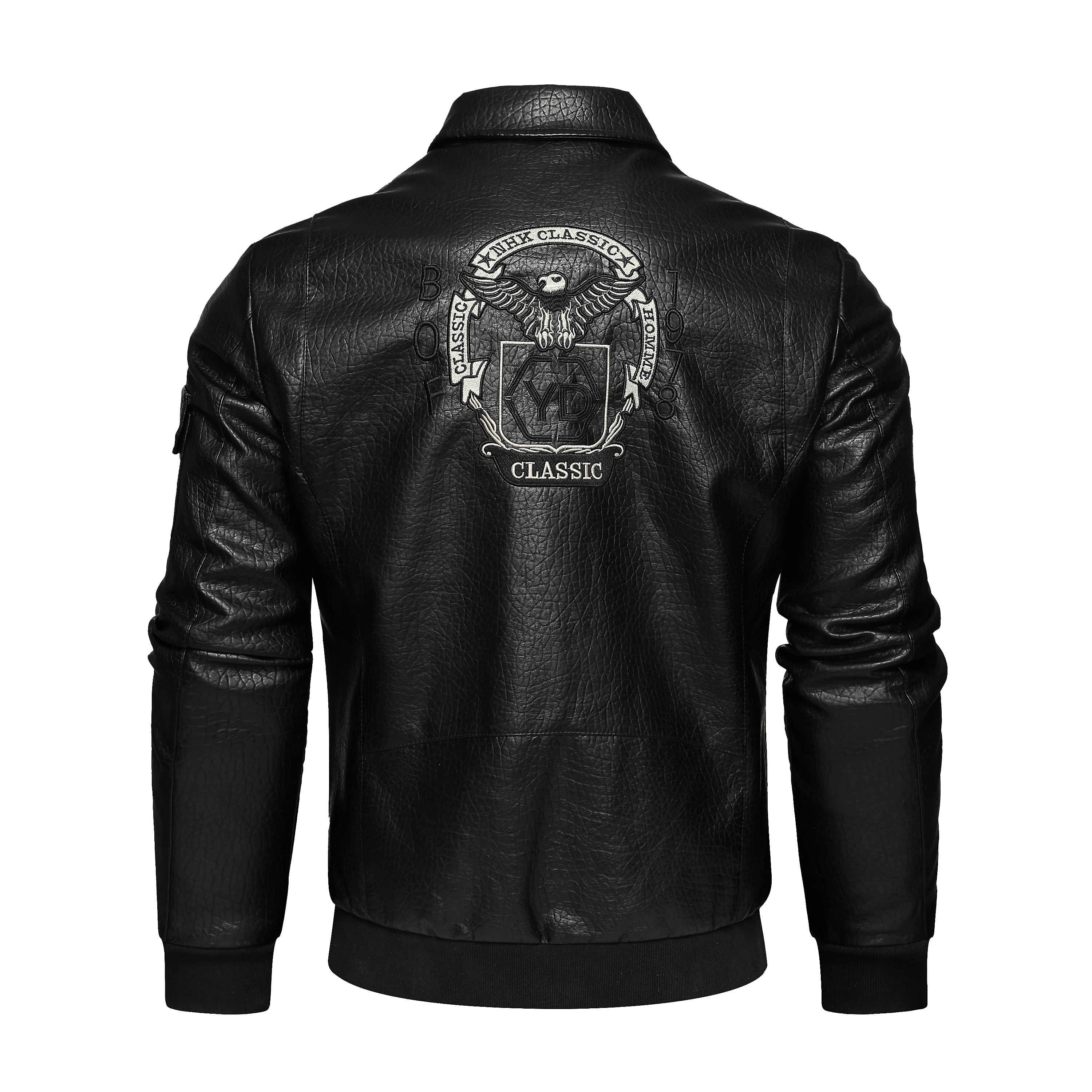 جاكيت دراجة نارية من الجلد الصناعي المطرز للرجال ، جاكيت طية صدر السترة #2