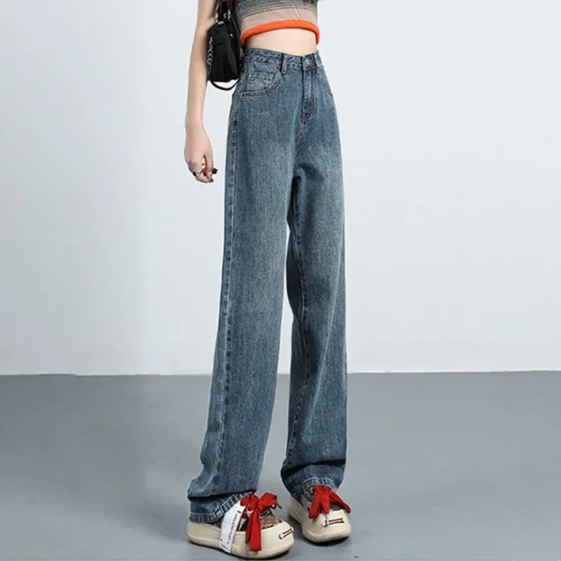 Women Retro Blue Black High Waist Wide Leg Jeans Lady Korean Style Straight Leg Denim Pants Fashion Streetwear Daily Trousers