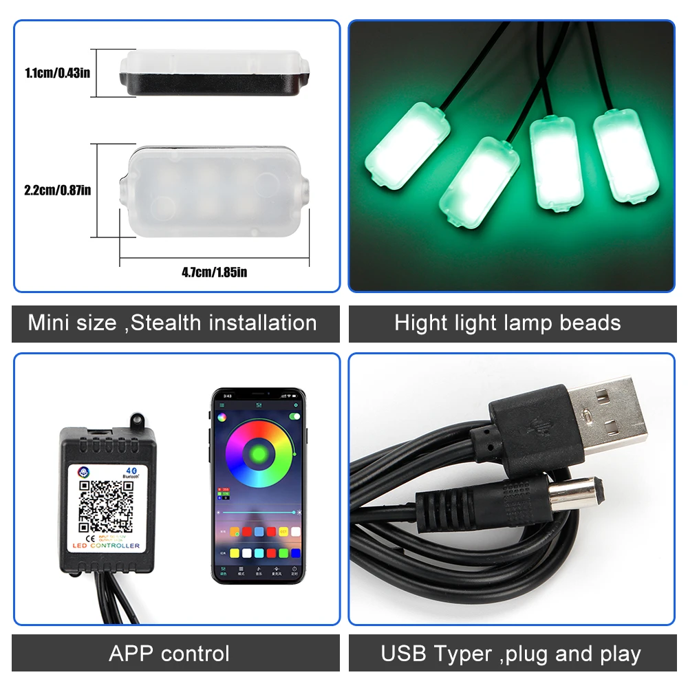 4PCS Car Atmosphere Led Foot Light USB Lighter APP Control RGB Multiple Modes Auto Interior Ambient Decorative Lamp