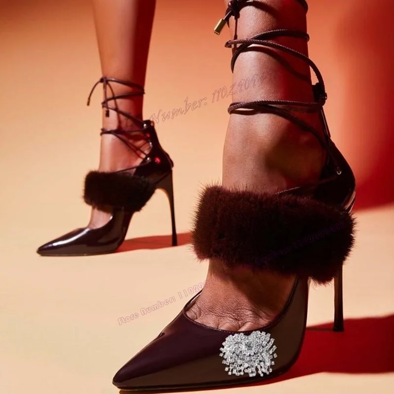 

Wine Red Fluffy Back Strap Pumps Shallow Pointy Toe Shoes for Women Patent Leather Thin High Heel Shoes 2023 Zapatos Para Mujere