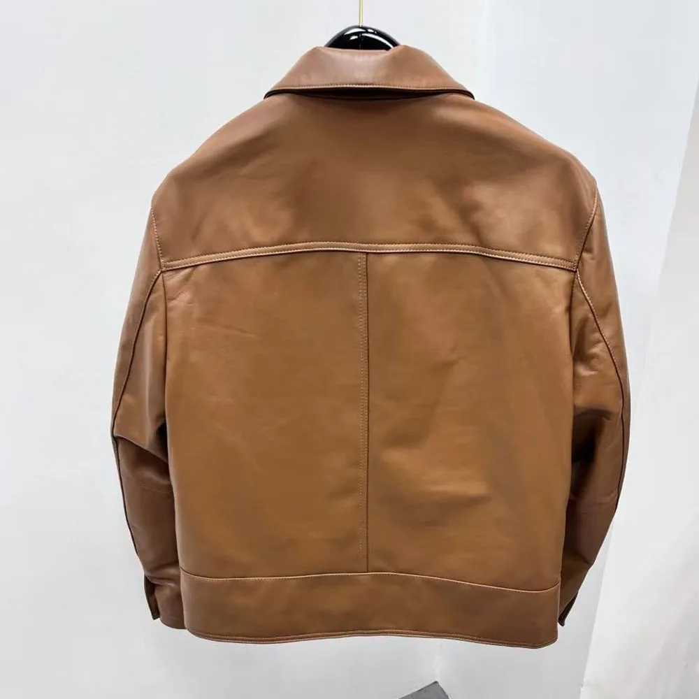 2026 New Men Brown Lapel Leather Jacket Multi Zipper Pockets Cropped Moto Biker Coat Vintage Streetwear Outerwear