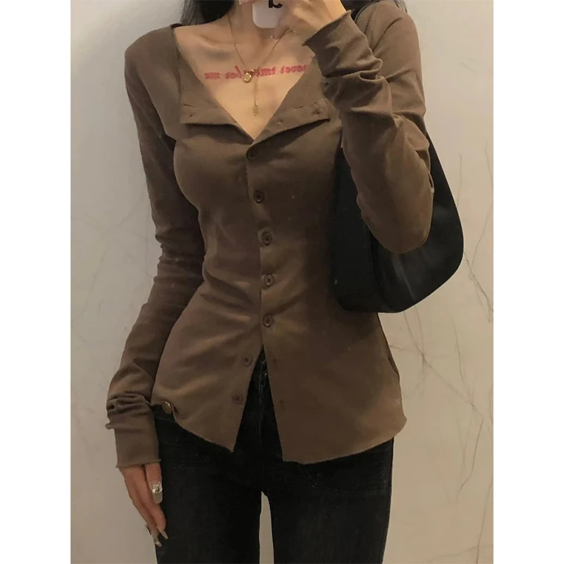 MEXZT Y2K Shirts Women Streetwear Long Sleeve Slim Blouses Korean Harajuku Fashion Solid Chic Casual Bottoming Shirt Tops New