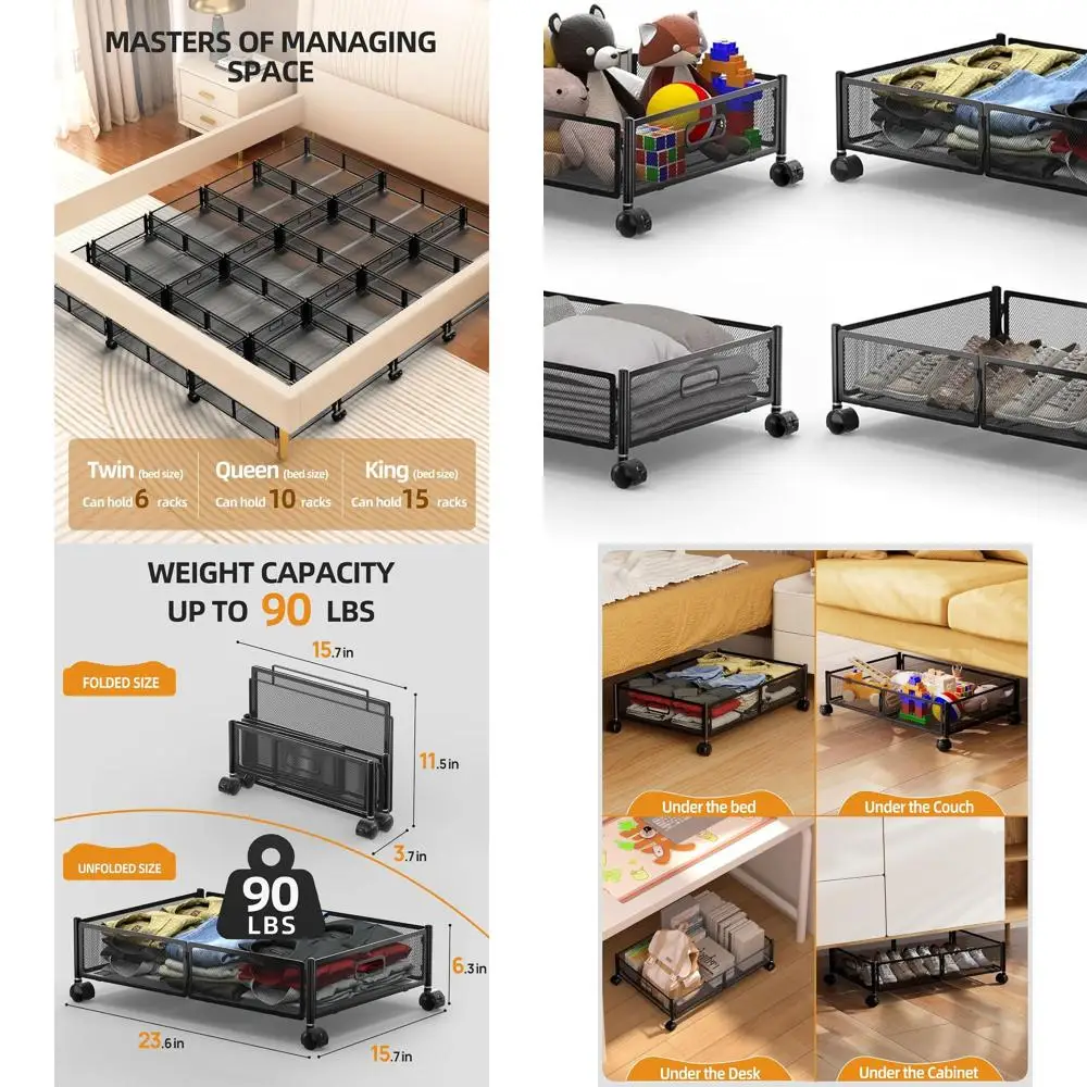 4-pak czarnych pojemników do przechowywania pod łóżkiem o pojemności 60 litrów na ubrania, buty i koce do sypialni