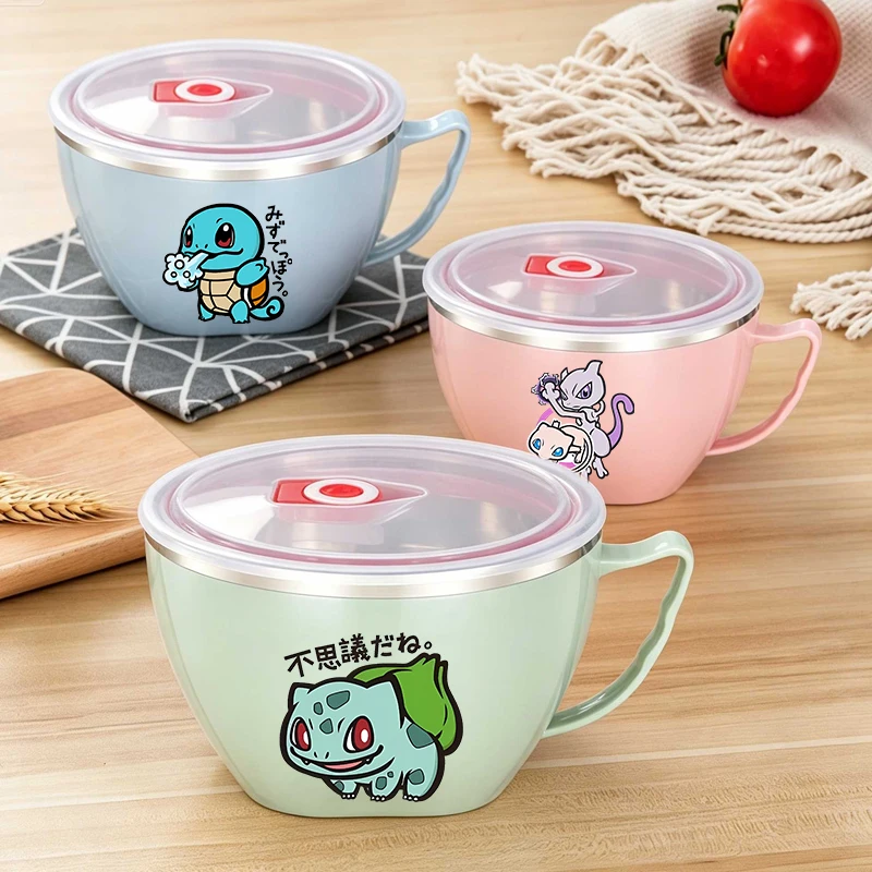 Pokemoned Stainless Steel Insulated Lunch Box Food Container Bowl with Handle Soup Bowl Instant Noodle Mixing Bowl Birthday Gift