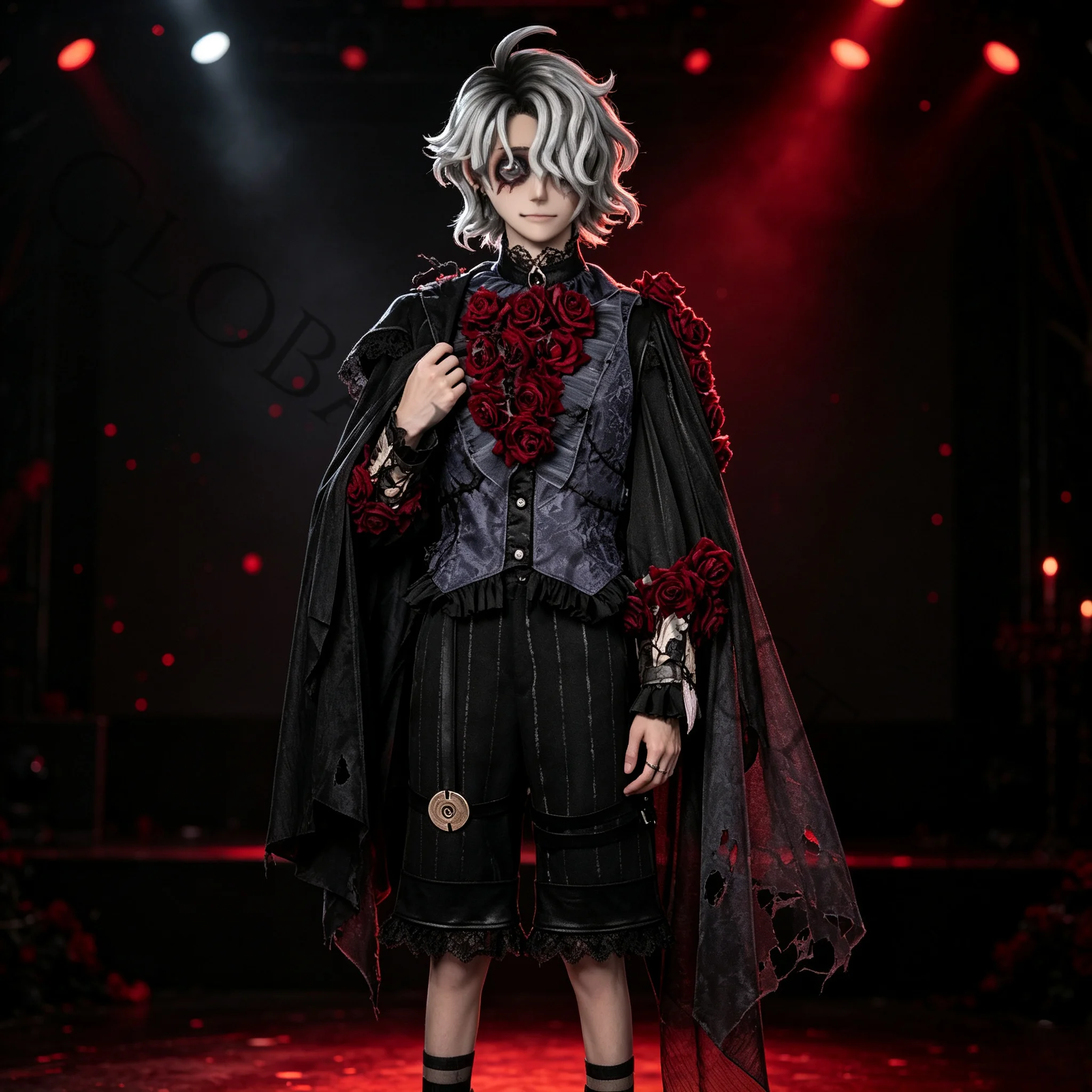 Game Identity V Patient Emil Cosplay Costume Wig Black Red Rose Gothic Unifrom Accessories for Halloween Stage Performance view 2