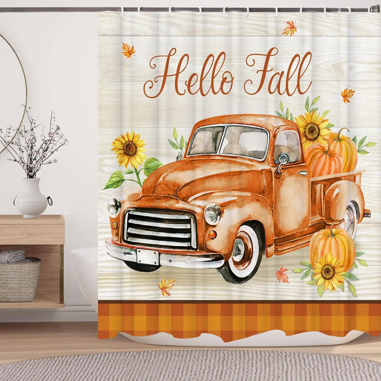 

Осенняя занавеска для душа в фермерском доме, водонепроницаемая занавеска для душа с тыквой и крючками, желтая оранжевая тыква, деревянная ткань в деревенском стиле